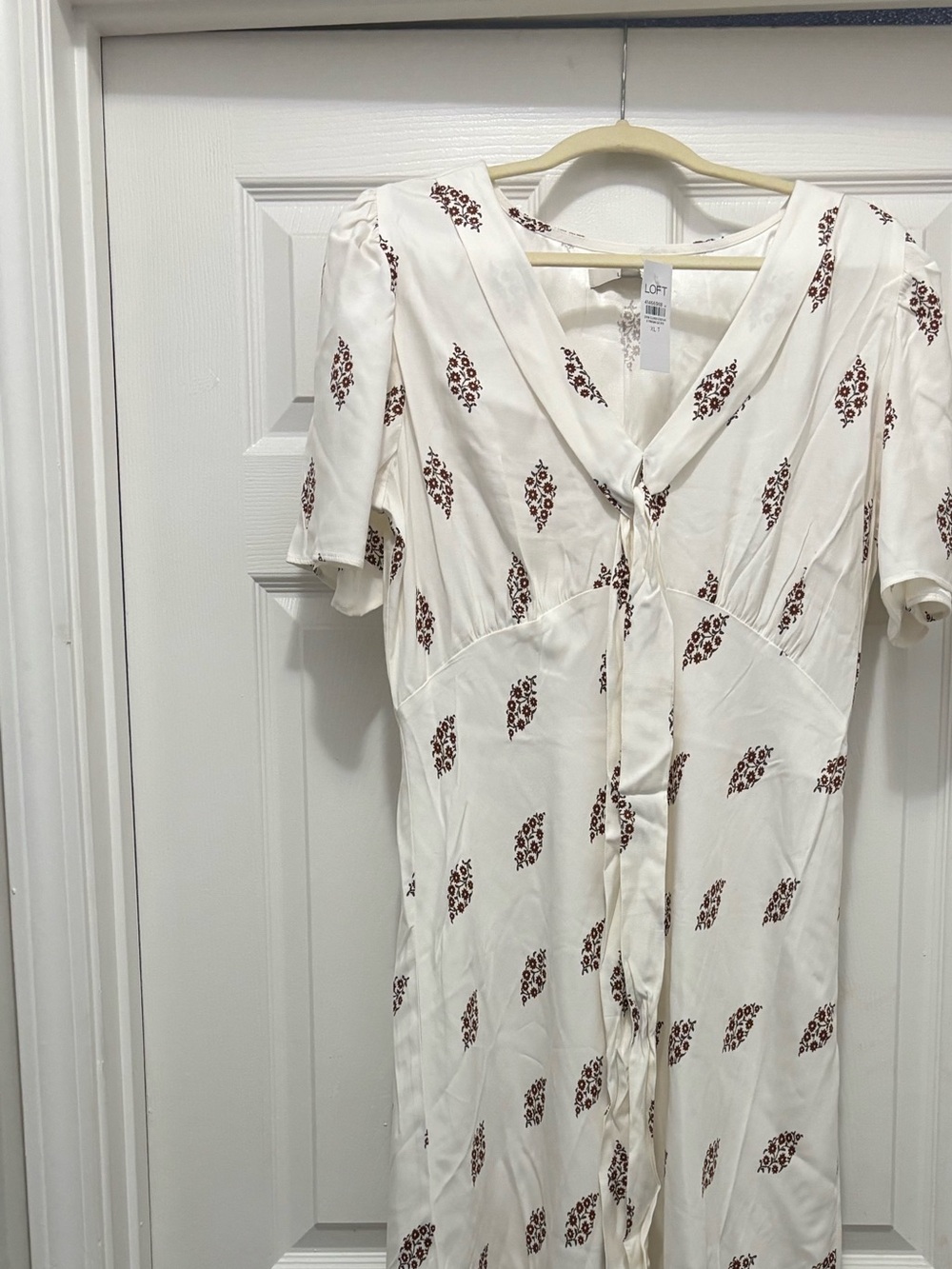LOFT Cream Jumpsuit with Brown Floral Print and Tie Front